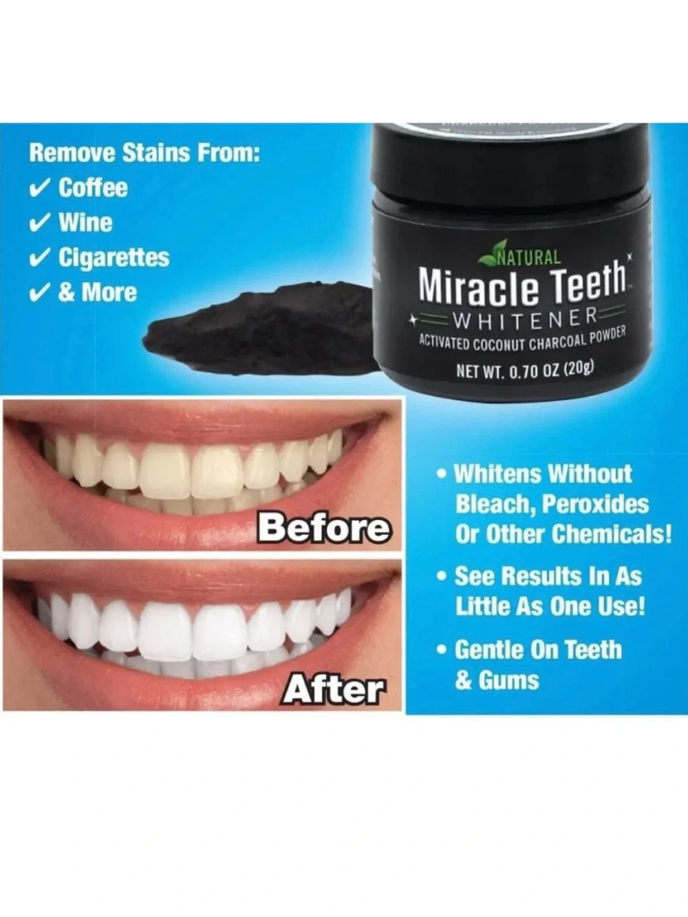 MIRACLE TEETH WHITENER ACTIVATED COCONUT CHARCOAL POWDER.